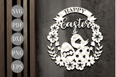 Happy Easter Egg Papercut Template, Easter Egg Wreath SVG, DXF, PDF
