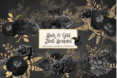 Black and Gold Floral Bouquets Clipart