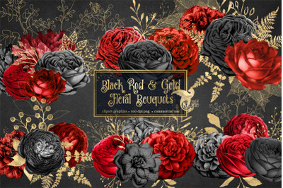 Black Red and Gold Floral Bouquet Clipart