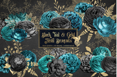 Black Teal and Gold Floral Bouquets Clipart