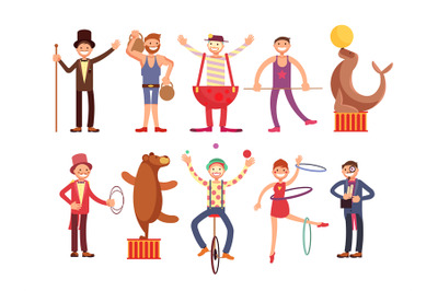 Circus artists cartoon characters vector set. Acrobat and strongman, m