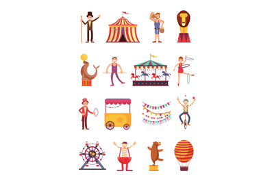 Carnival and circus cartoon fun characters. Fair carousel and amusemen