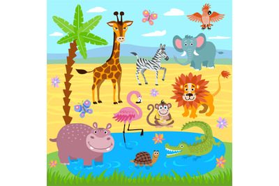 Baby jungle and safari zoo animals vector nature background