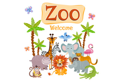 Zoo vector illustration with wild cartoon safari animals