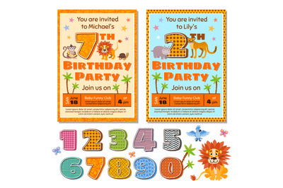 Children birthday party invitation card vector template with cute cart