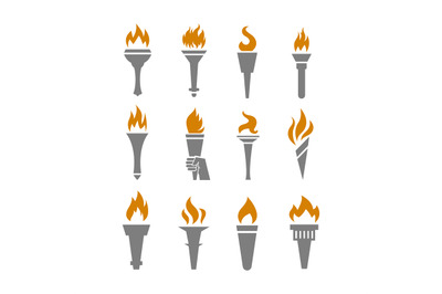 Fire torch with flame flat icons set