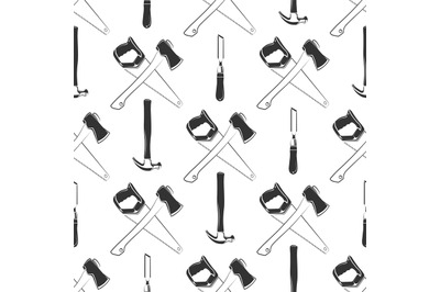 Carpentry seamless pattern with hammer, ax, saw