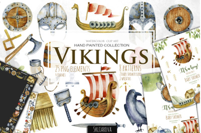 Vikings. Watercolor clip art.