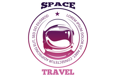 Colorful space travel label design with astronaut in spacesuit isolate