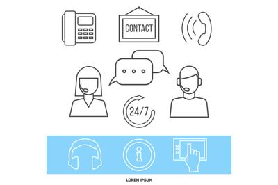 Contact centre or online support concept with line icons