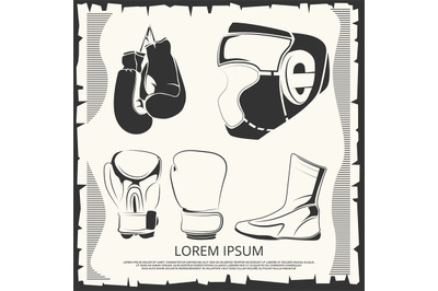 Sport poster with boxing helmet, gloves and shoes