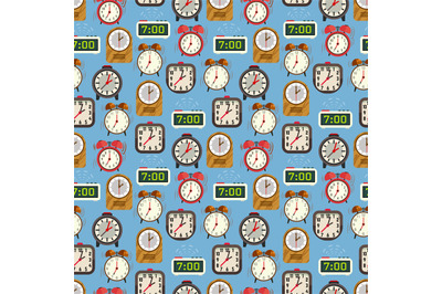 Seamless pattern with colorful alarm clocks on blue backdrop