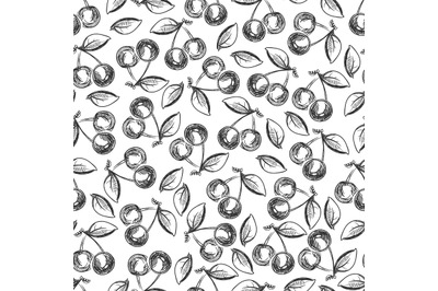 Hand drawn cherries seamless pattern - monochromic berries background