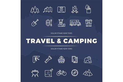 Travel and camping line icons set