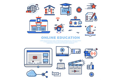 Online education colorful line icons and infographics isolated on whit