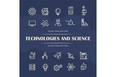 Technologies and science line icons set on grunge background