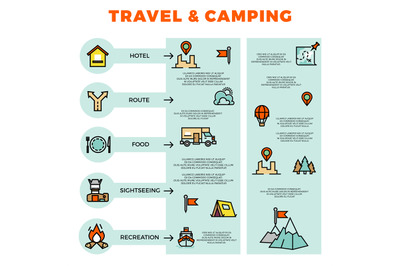 Travel and camping colorful infographic with line icons