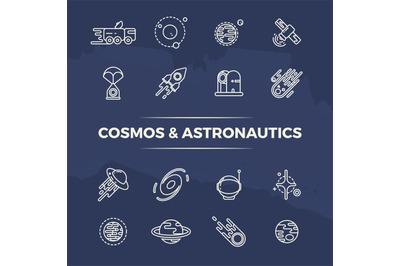 Cosmos and astronautics line icons - planets, space, rockets line conc