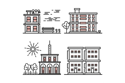 Line art houses collection - city objects with nature elements