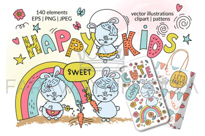 HAPPY KIDS Seamless Pattern Alphabet Vector Illustration Set for Print