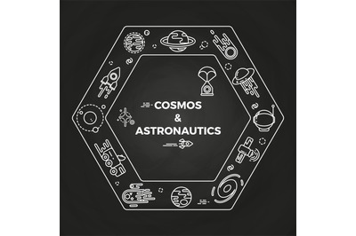 Line art planets, rockets, asteroids