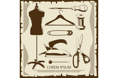 Vintage elements for tailor labels - scissors, dummy, thread, pins