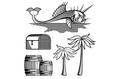 Fish&2C; treasure chest&2C; barrels and palm tree