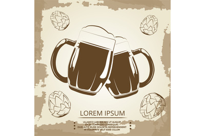 Beer mugs and hops vintage poster for beer shop