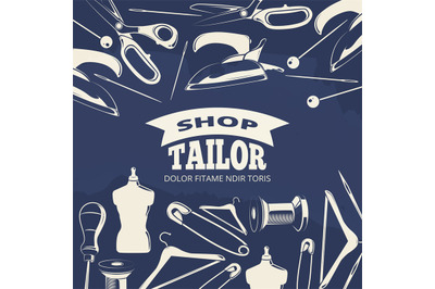 Blue tailor shop fashion banner or poster with scissors