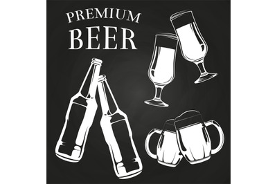 Beer glasses, bottles and mugs on chalkboard