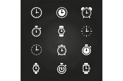 Clock and time icons set on blackboard