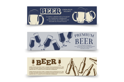 Drink horizontal banners template with beer mugs&2C; glasses and bottles