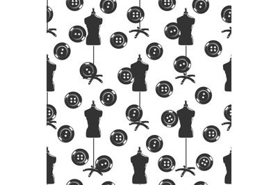 Tailor shop seamless pattern with dummy and buttons