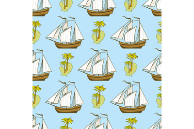 Seamless pattern with ship, palms and island