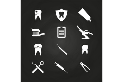 Stomatology icons set on chalkboard - teeth care icons