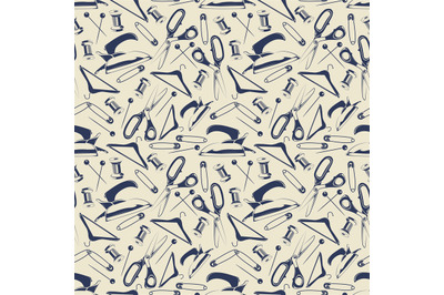 Tailor shop seamless pattern with scissors, iron, pins