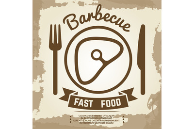 Vintage poster with babecue label with meat, fork, knife and lettering