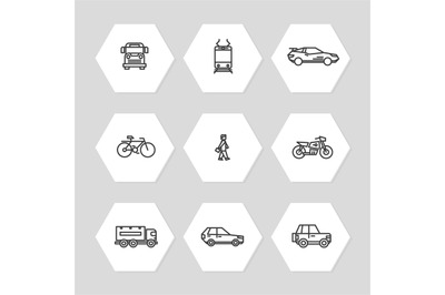 City transportation line icons set - cars&2C; train&2C; bus icons