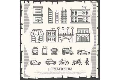 Modern city elements on vintage poster - line art city poster design