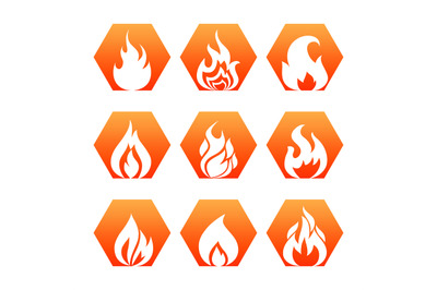 White fire flame on colorful backdrop - fire flame icons set vector