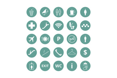 Public place navigation vector icons. Toilet, restaurant and elevator