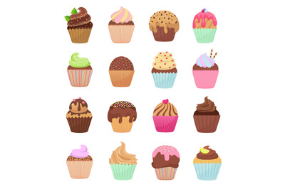 Delicious cupcakes and muffins vector cartoon set