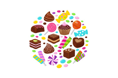 Colourful fruit candies and chocolate sweets flat icons in circle desi