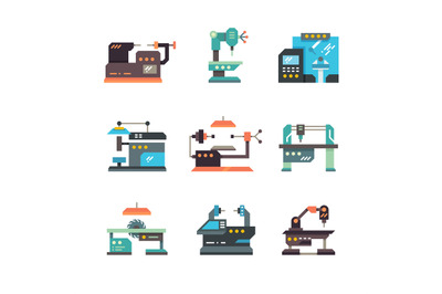 Industrial cnc machine tools and automated machines flat icons