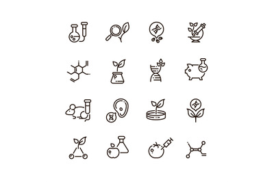 Gmo food and medical science vector line editable icons. Dna modificat