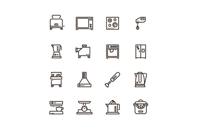 Kitchen and cooking appliances household vector line symbols