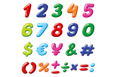 Vector rainbow candy numbers and glossy funny cartoon children alphabe