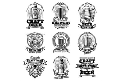 Retro beer pub vector emblems. Vintage traditional brewing labels