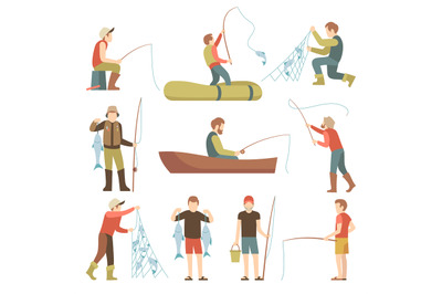 Summer fishing sport vacation vector flat icons. Fishermen with fish s