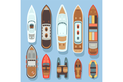 Top aerial view boat and ocean ships vector set